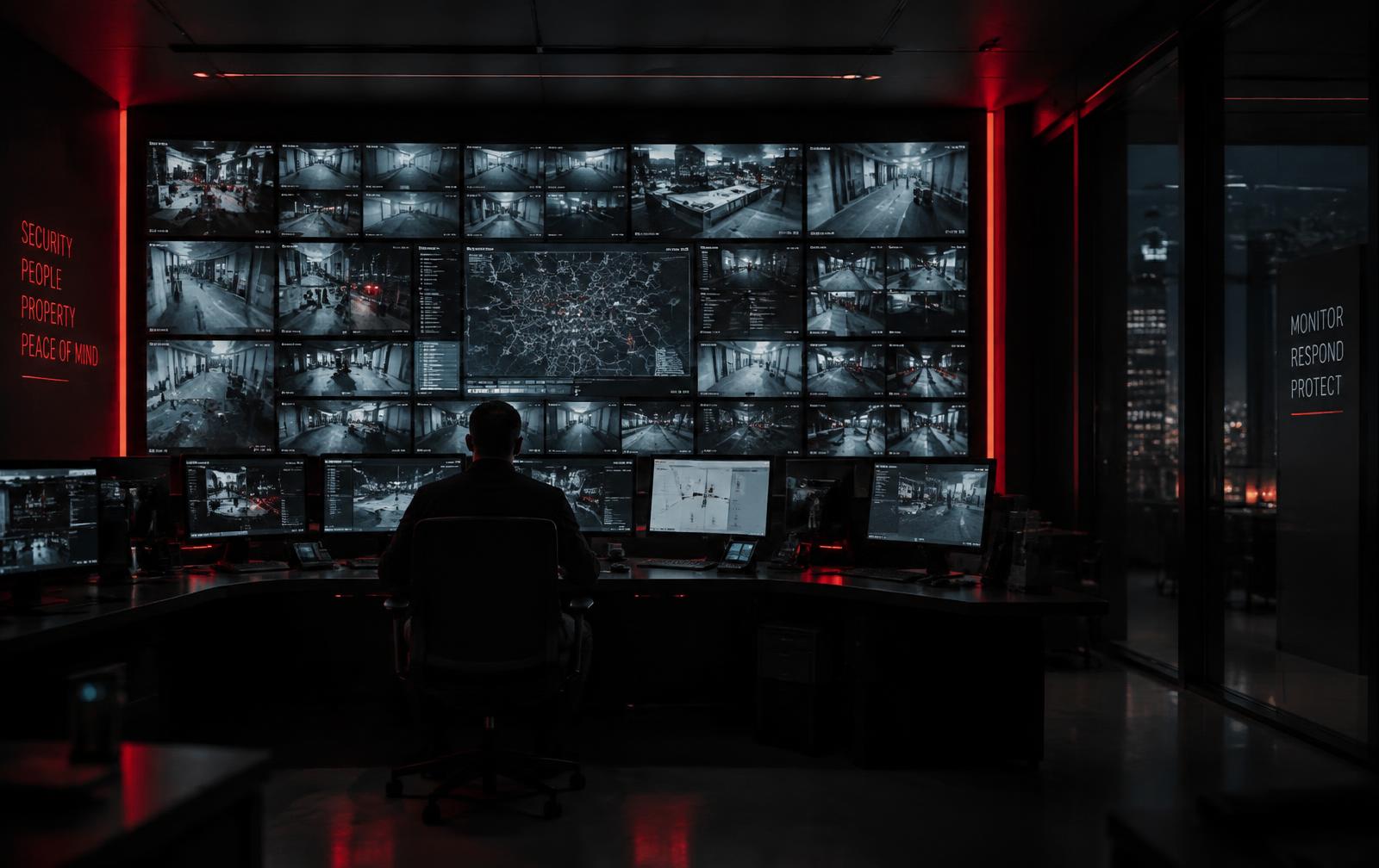 Security control room with a wall of CCTV monitors